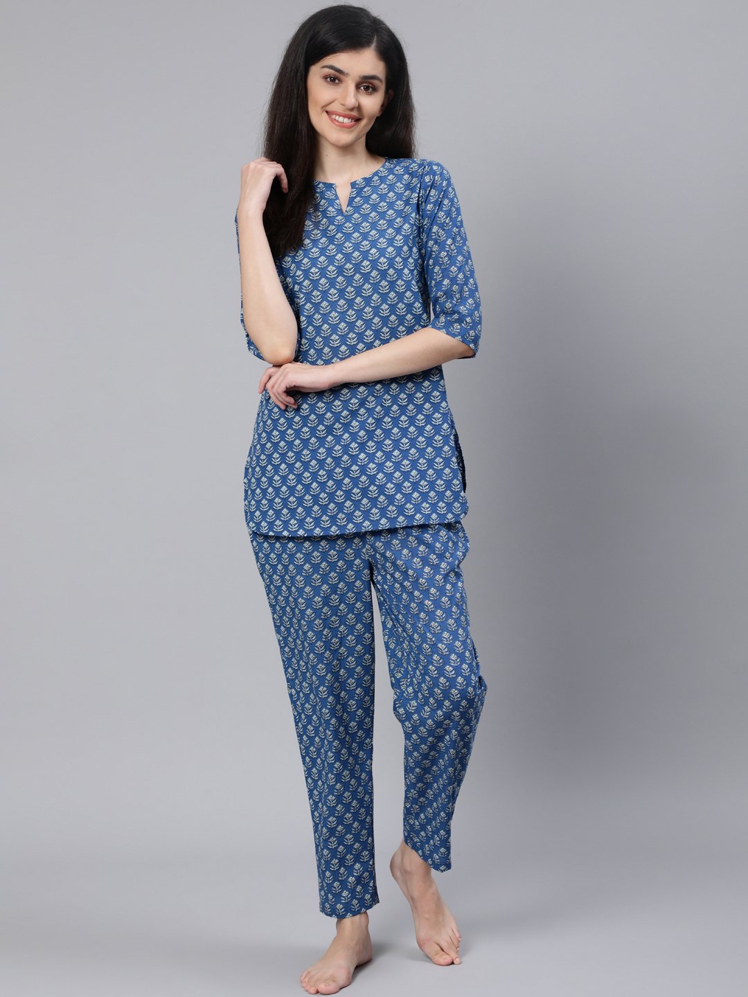 Women Blue Printed Night Suit | LASVINI - Redefining Indian Fashion with Elegance