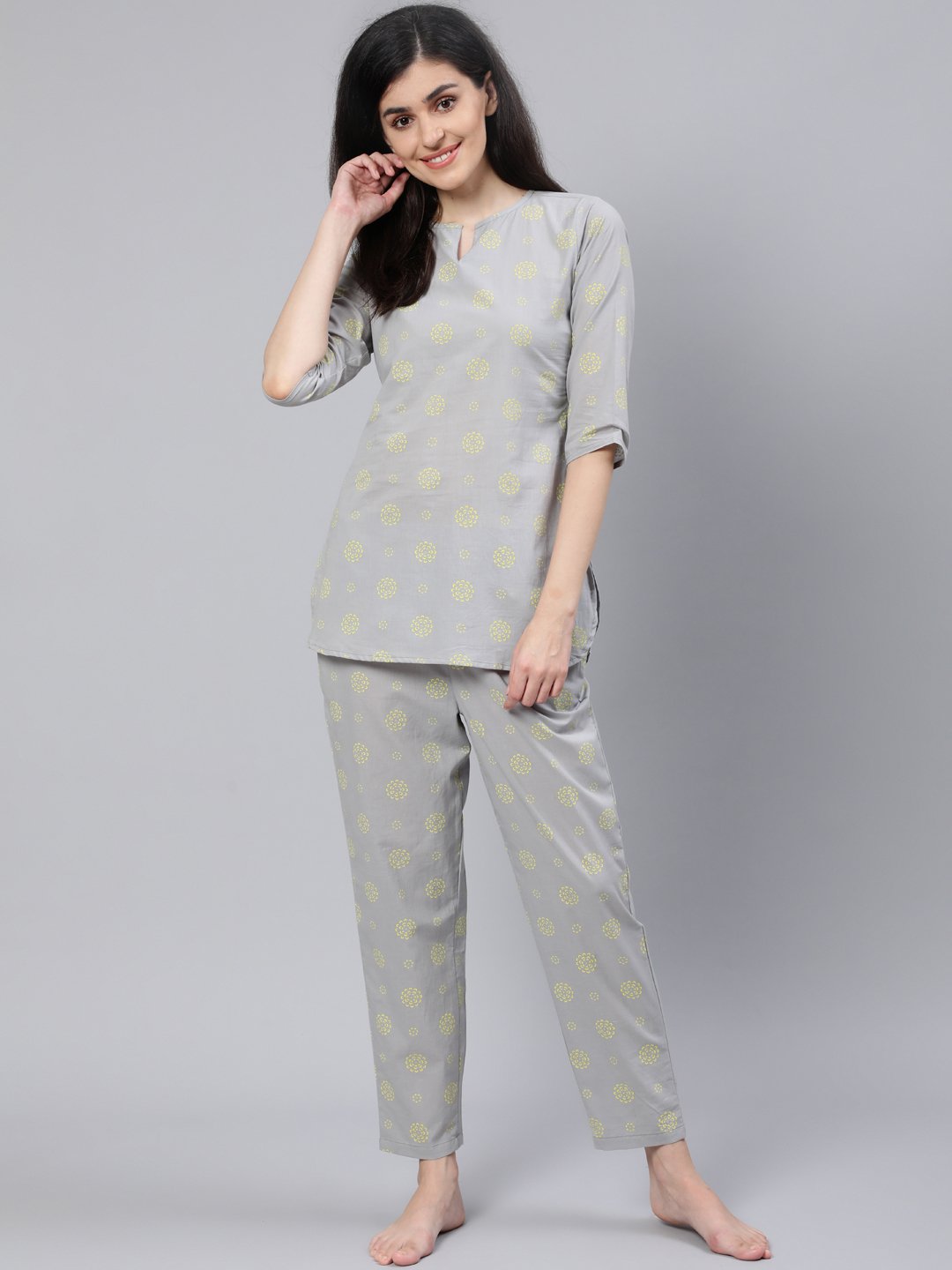 Women Grey Printed Night Suit | LASVINI - Redefining Indian Fashion with Elegance