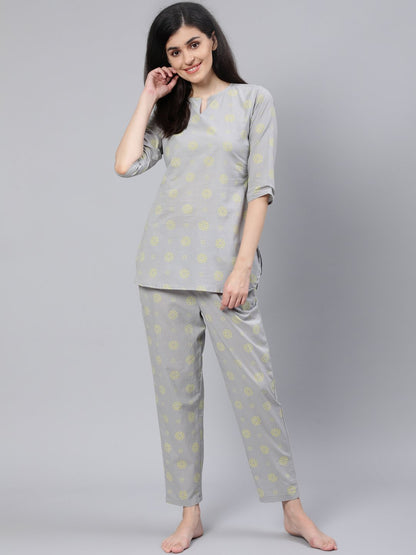 Women Grey Printed Night Suit | LASVINI - Redefining Indian Fashion with Elegance