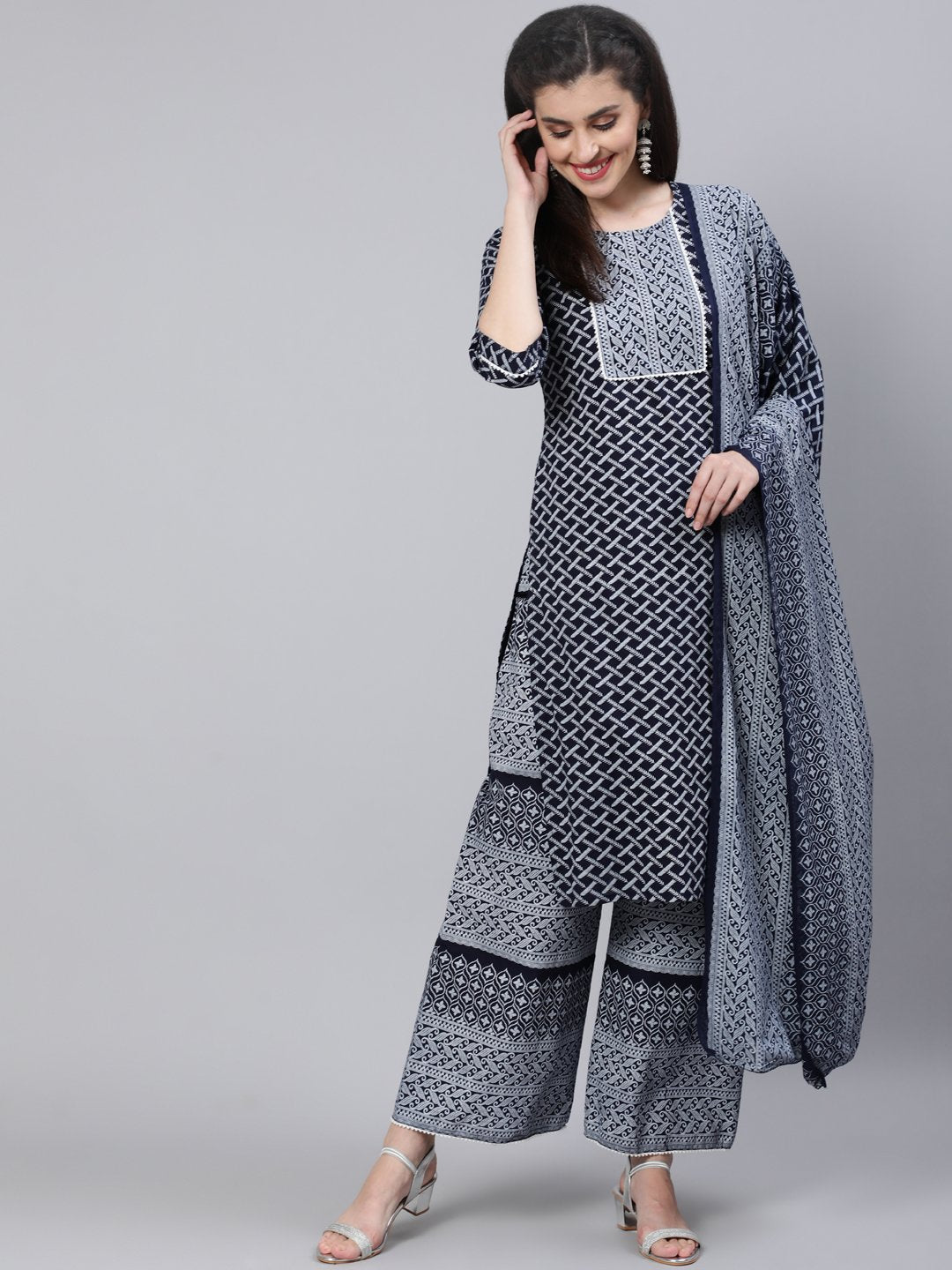 Women Black & White Printed Straight Kurta With Plazo & Dupatta | LASVINI - Redefining Indian Fashion with Elegance