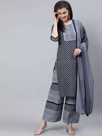 Women Black & White Printed Straight Kurta With Plazo & Dupatta | LASVINI - Redefining Indian Fashion with Elegance