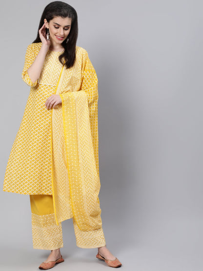 Women Yellow & White Printed Straight Kurta With Plazo & Dupatta | LASVINI - Redefining Indian Fashion with Elegance