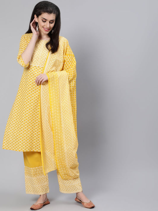 Women Yellow & White Printed Straight Kurta With Plazo & Dupatta | LASVINI - Redefining Indian Fashion with Elegance