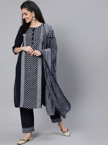 Women Black Panelled Straight Kurta With Plazo & Dupatta | LASVINI - Redefining Indian Fashion with Elegance