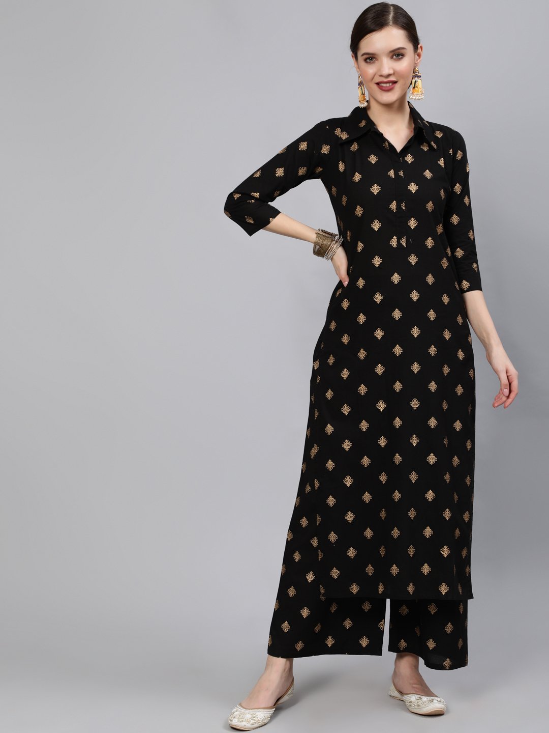 Women Black & Gold Printed Straight Kurta With Plazo | LASVINI - Redefining Indian Fashion with Elegance