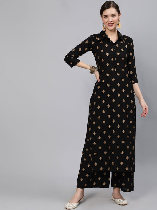 Women Black & Gold Printed Straight Kurta With Plazo | LASVINI - Redefining Indian Fashion with Elegance