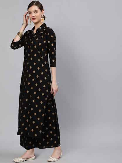 Women Black & Gold Printed Straight Kurta With Plazo | LASVINI - Redefining Indian Fashion with Elegance