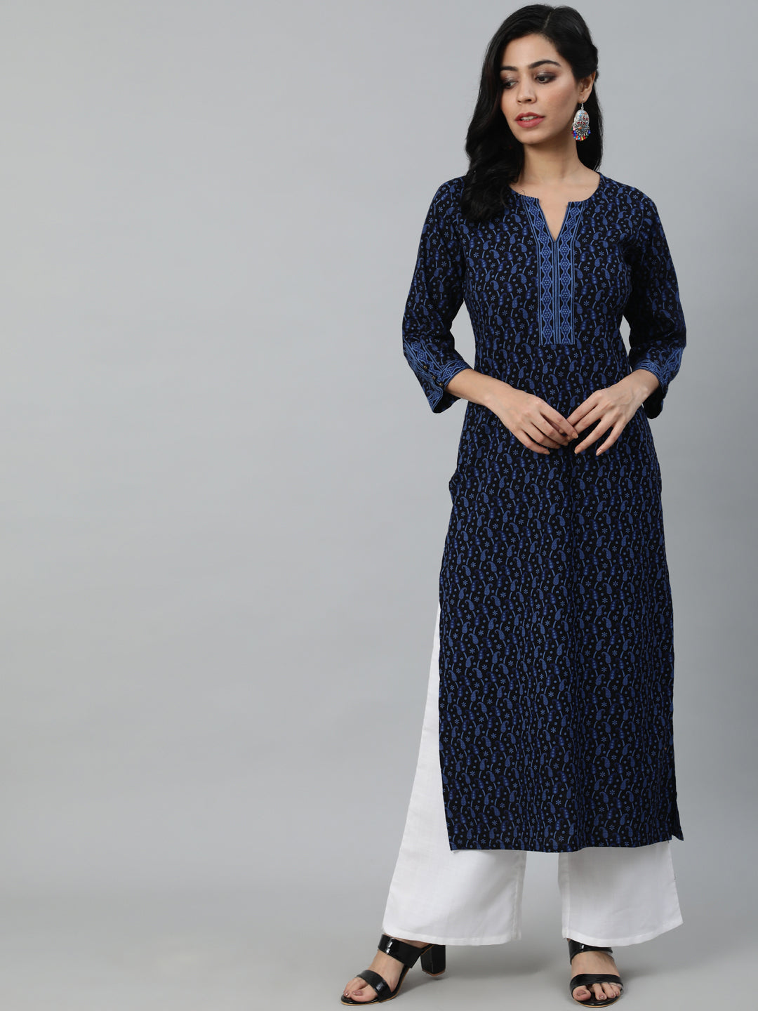 Women Black Printed Straight Kurta With Three Quarter Sleeves | LASVINI - Redefining Indian Fashion with Elegance