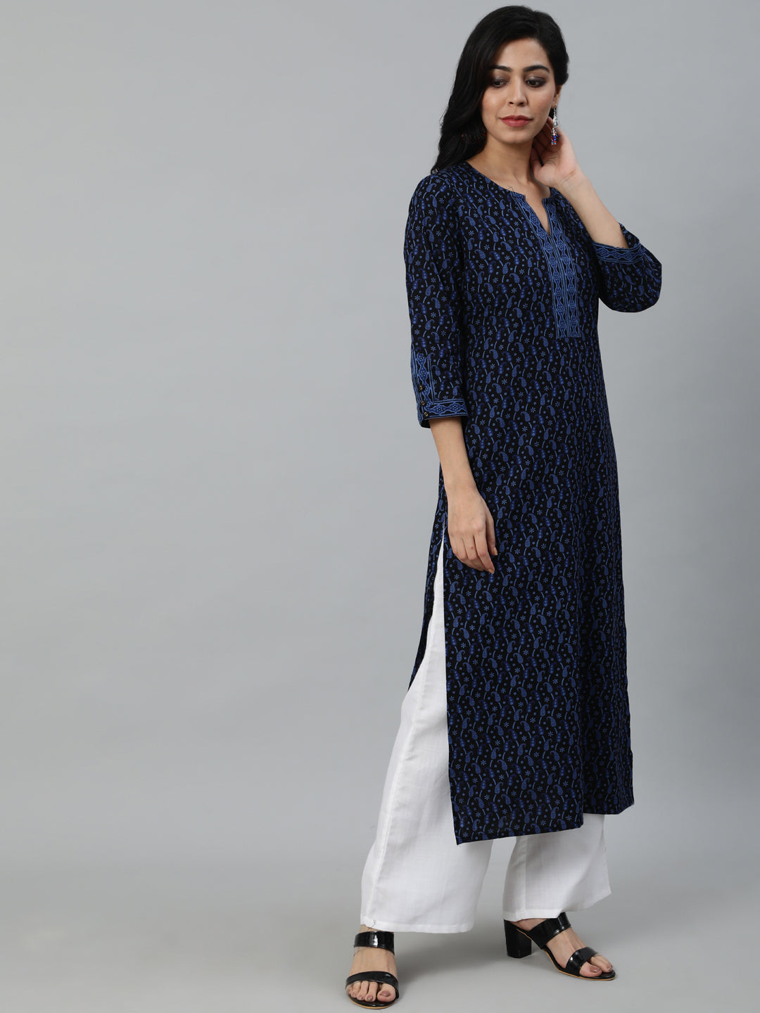 Women Black Printed Straight Kurta With Three Quarter Sleeves | LASVINI - Redefining Indian Fashion with Elegance
