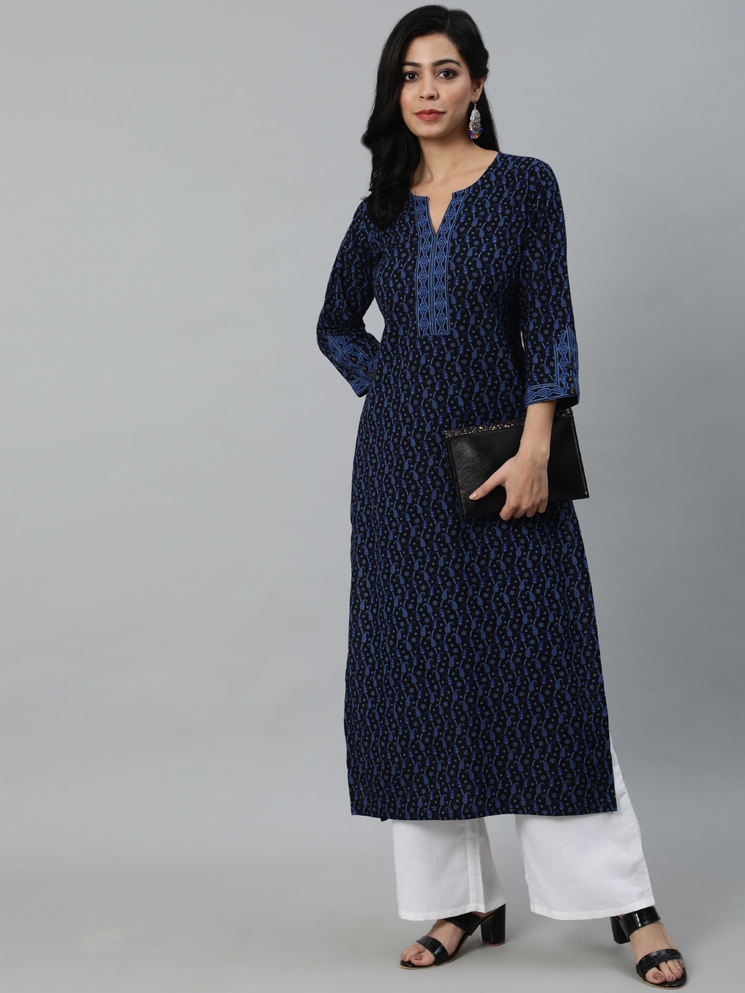 Women Black Printed Straight Kurta With Three Quarter Sleeves | LASVINI - Redefining Indian Fashion with Elegance