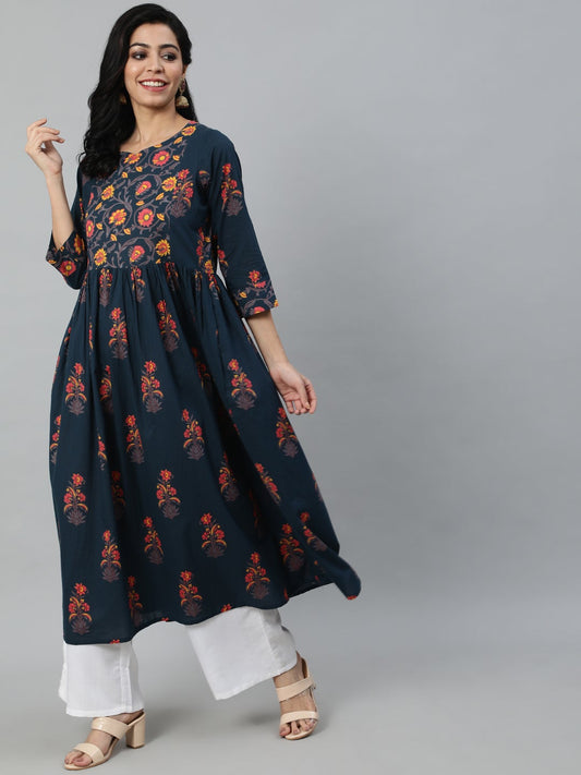 Women Blue And Pink Floral Ethnic A-Line Midi Dress | LASVINI - Redefining Indian Fashion with Elegance