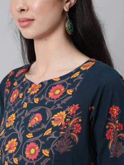 Women Blue And Pink Floral Ethnic A-Line Midi Dress | LASVINI - Redefining Indian Fashion with Elegance