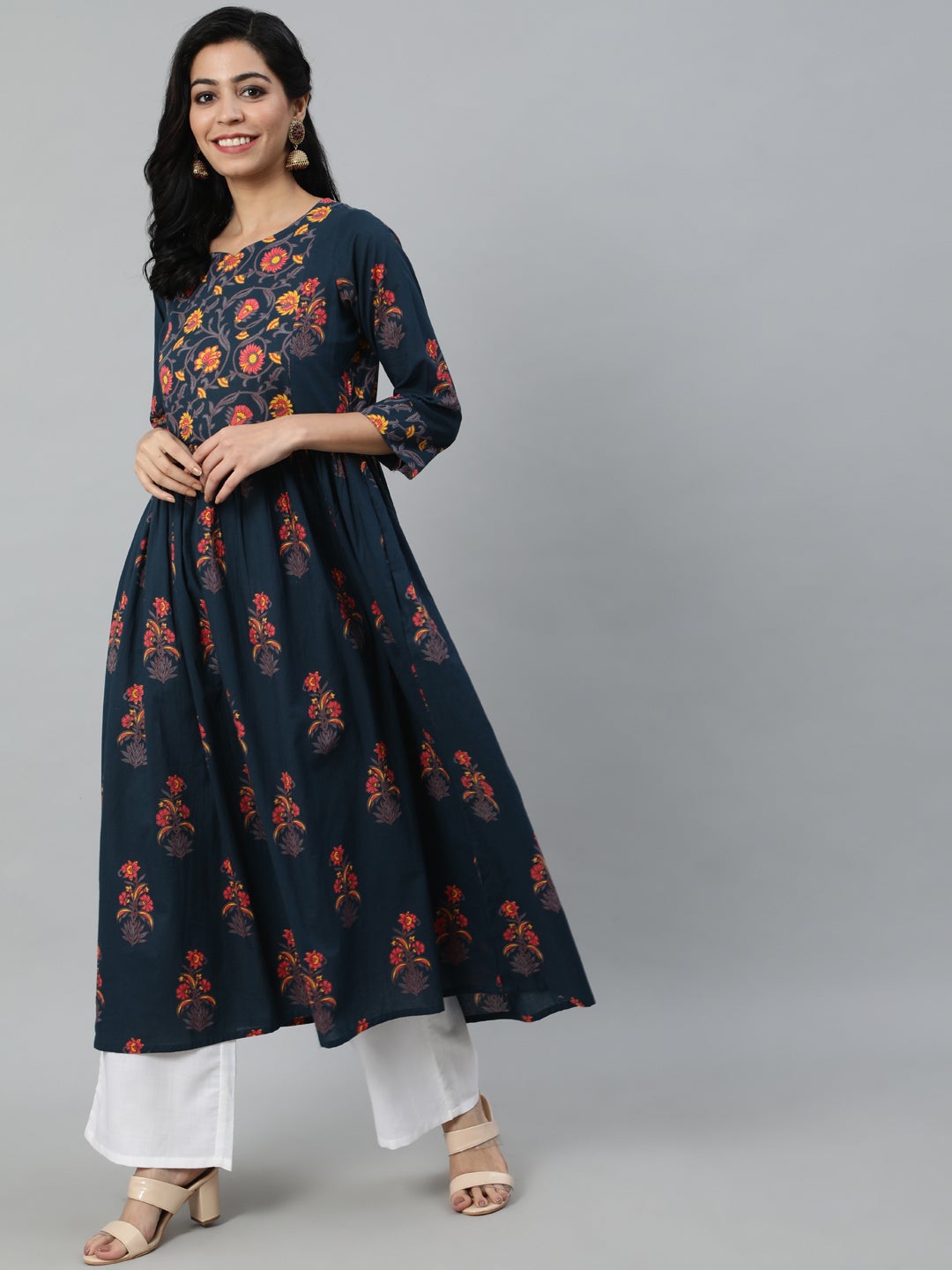 Women Blue And Pink Floral Ethnic A-Line Midi Dress | LASVINI - Redefining Indian Fashion with Elegance
