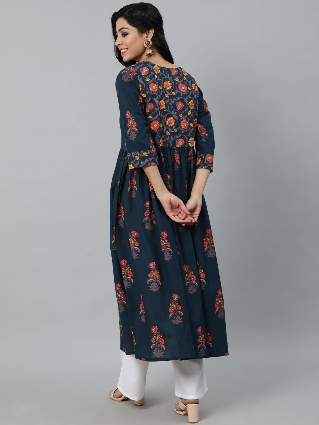 Women Blue And Pink Floral Ethnic A-Line Midi Dress | LASVINI - Redefining Indian Fashion with Elegance