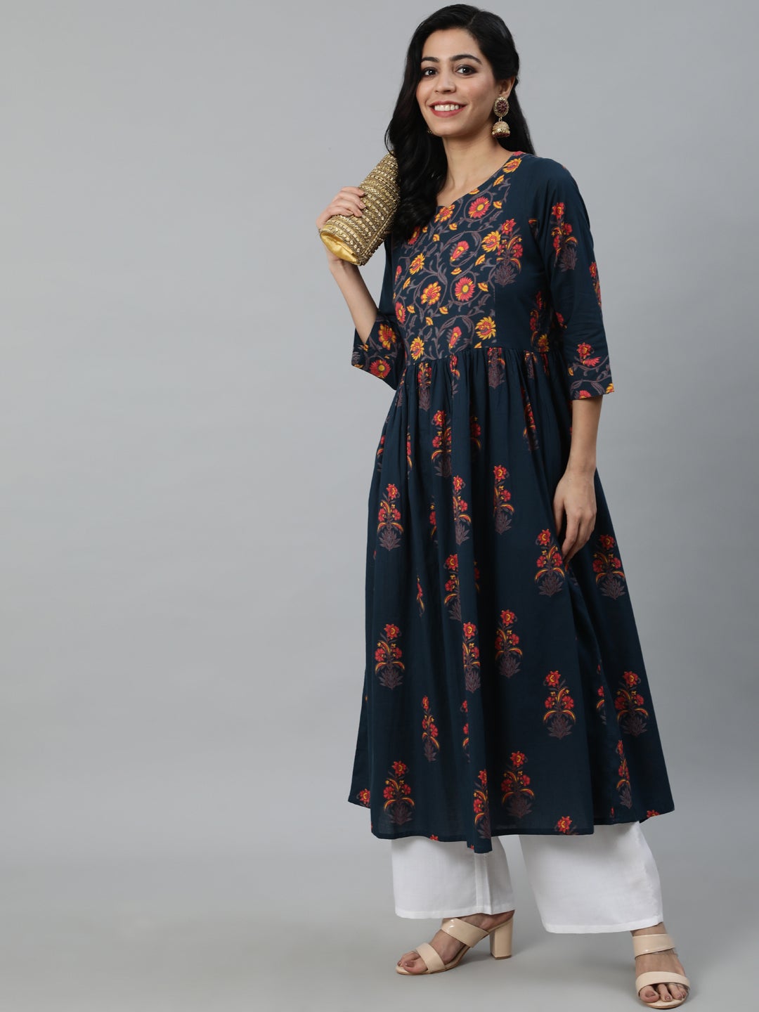 Women Blue And Pink Floral Ethnic A-Line Midi Dress | LASVINI - Redefining Indian Fashion with Elegance