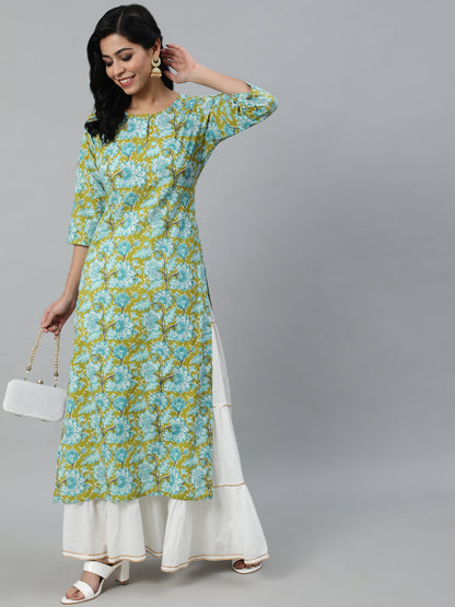 Women Green Floral Printed Straight Kurta With Three Quarter Sleeves | LASVINI - Redefining Indian Fashion with Elegance