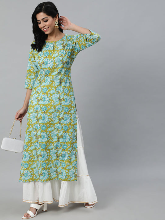Women Green Floral Printed Straight Kurta With Three Quarter Sleeves | LASVINI - Redefining Indian Fashion with Elegance