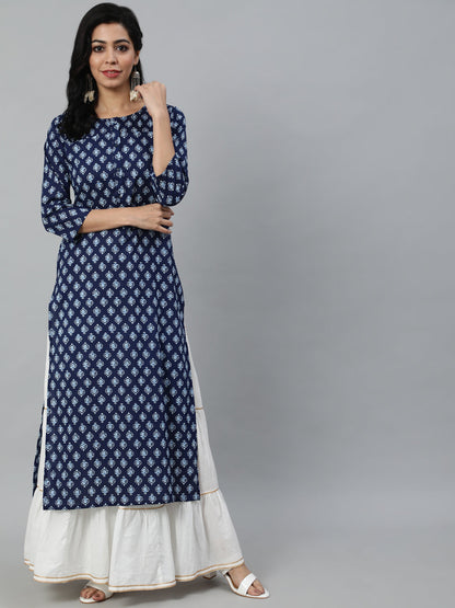Women Navy Blue Ethnic Printed Straight Kurta With Three Quarter Sleeves | LASVINI - Redefining Indian Fashion with Elegance