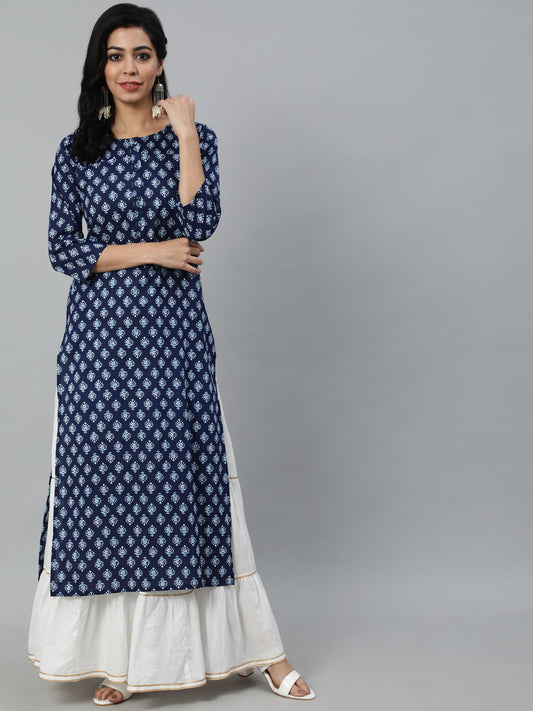 Women Navy Blue Ethnic Printed Straight Kurta With Three Quarter Sleeves | LASVINI - Redefining Indian Fashion with Elegance
