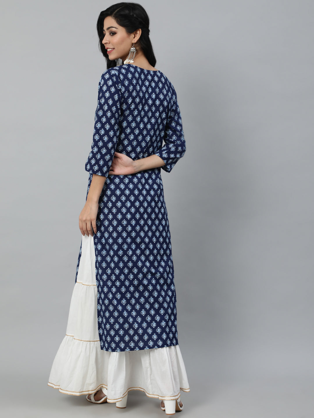 Women Navy Blue Ethnic Printed Straight Kurta With Three Quarter Sleeves | LASVINI - Redefining Indian Fashion with Elegance