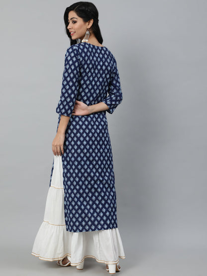 Women Navy Blue Ethnic Printed Straight Kurta With Three Quarter Sleeves | LASVINI - Redefining Indian Fashion with Elegance