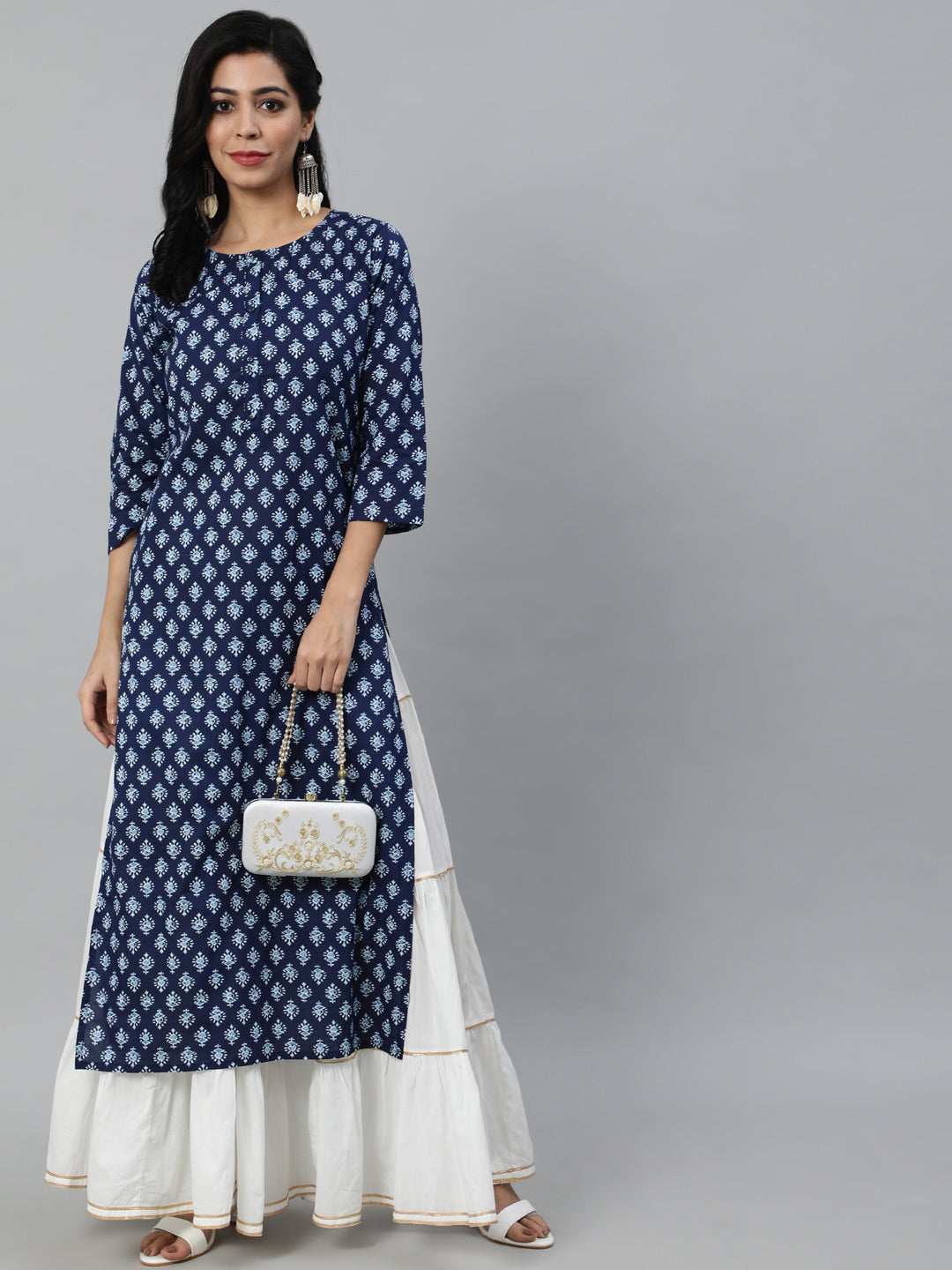 Women Navy Blue Ethnic Printed Straight Kurta With Three Quarter Sleeves | LASVINI - Redefining Indian Fashion with Elegance