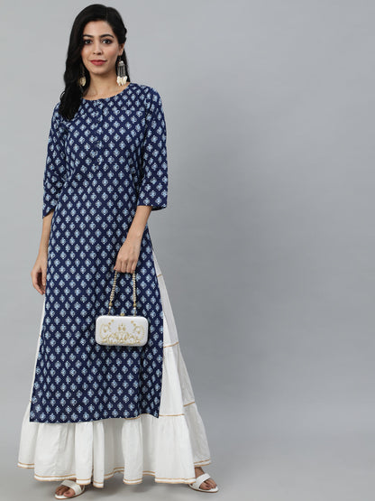 Women Navy Blue Ethnic Printed Straight Kurta With Three Quarter Sleeves | LASVINI - Redefining Indian Fashion with Elegance