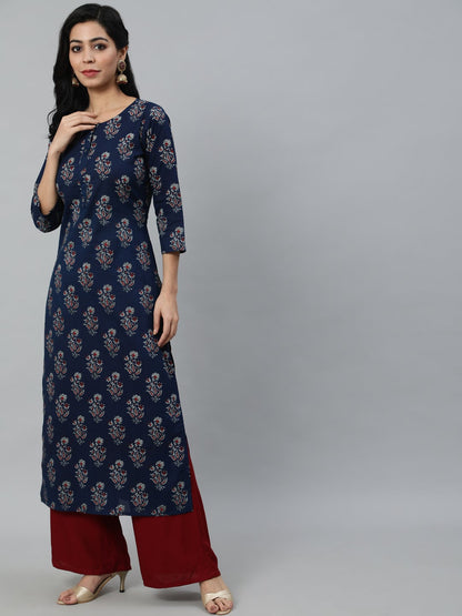 Women Blue Ethnic Motifs Printed Kurta | LASVINI - Redefining Indian Fashion with Elegance