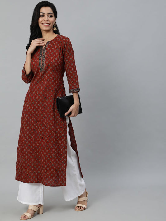 Women Maroon Printed Straight Kurta With Three Quarter Sleeves | LASVINI - Redefining Indian Fashion with Elegance