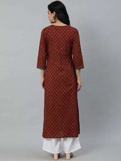 Women Maroon Printed Straight Kurta With Three Quarter Sleeves | LASVINI - Redefining Indian Fashion with Elegance