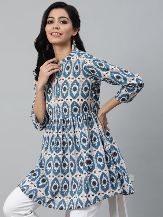 Women Blue & Off White Printed Mandarin Collar Cotton Tunic | LASVINI - Redefining Indian Fashion with Elegance