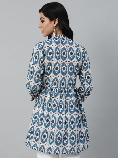 Women Blue & Off White Printed Mandarin Collar Cotton Tunic | LASVINI - Redefining Indian Fashion with Elegance
