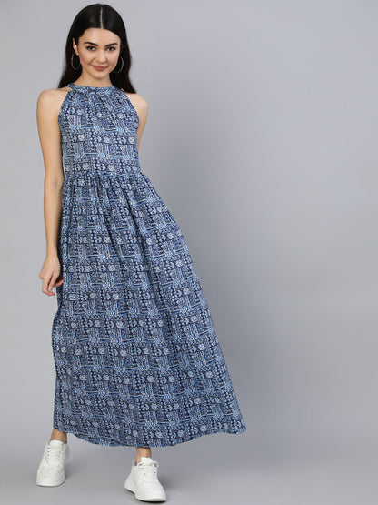 Women Blue Geometric Printed Helter Neck Dress | LASVINI - Redefining Indian Fashion with Elegance