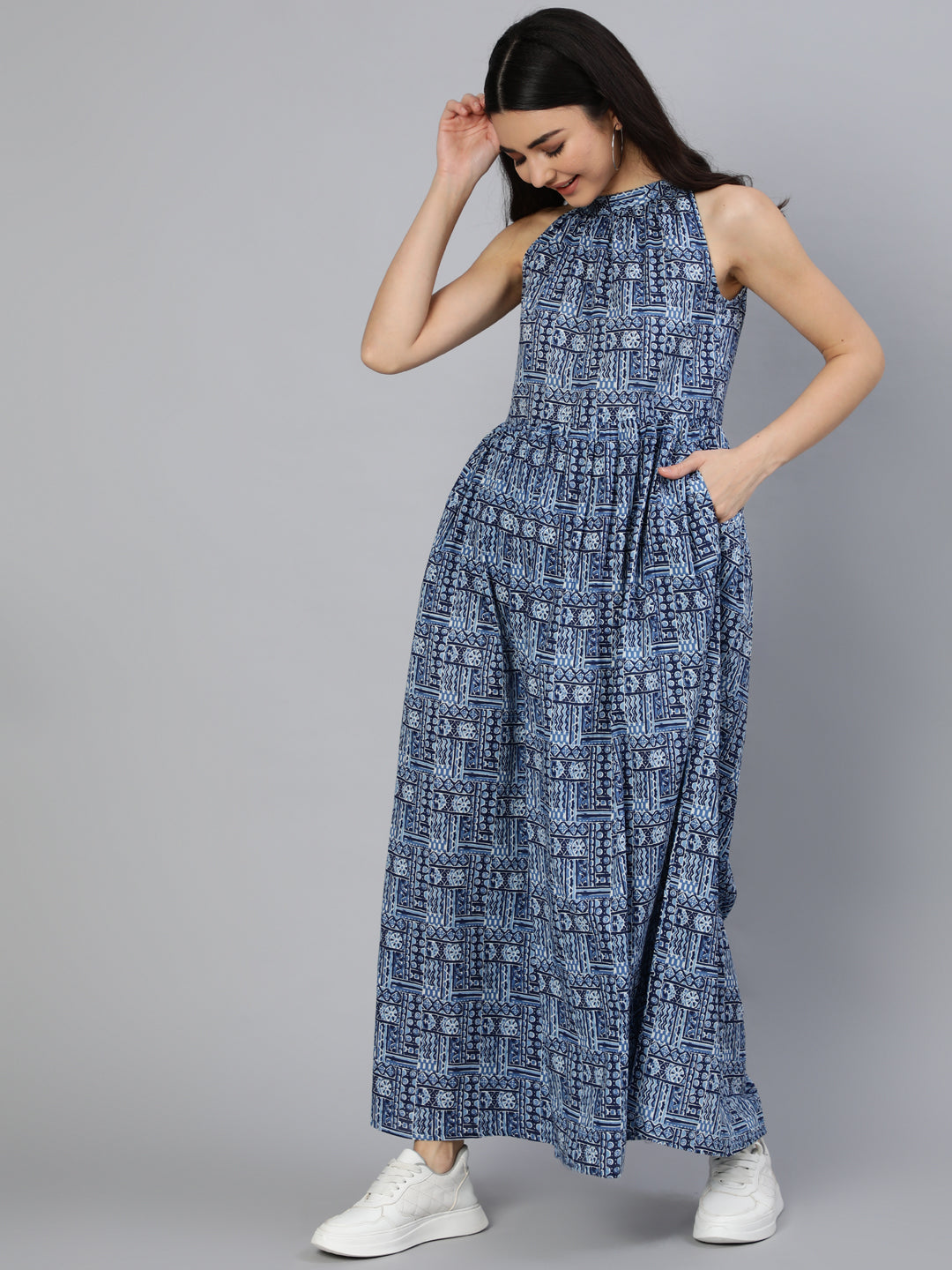 Women Blue Geometric Printed Helter Neck Dress | LASVINI - Redefining Indian Fashion with Elegance