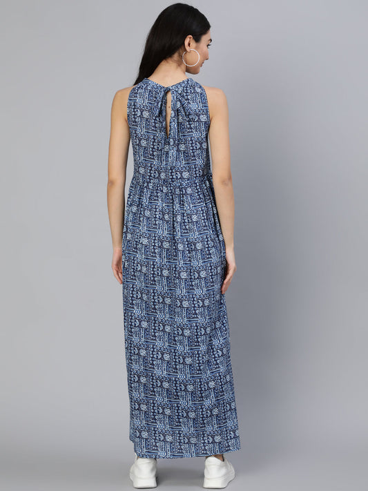 Women Blue Geometric Printed Helter Neck Dress | LASVINI - Redefining Indian Fashion with Elegance