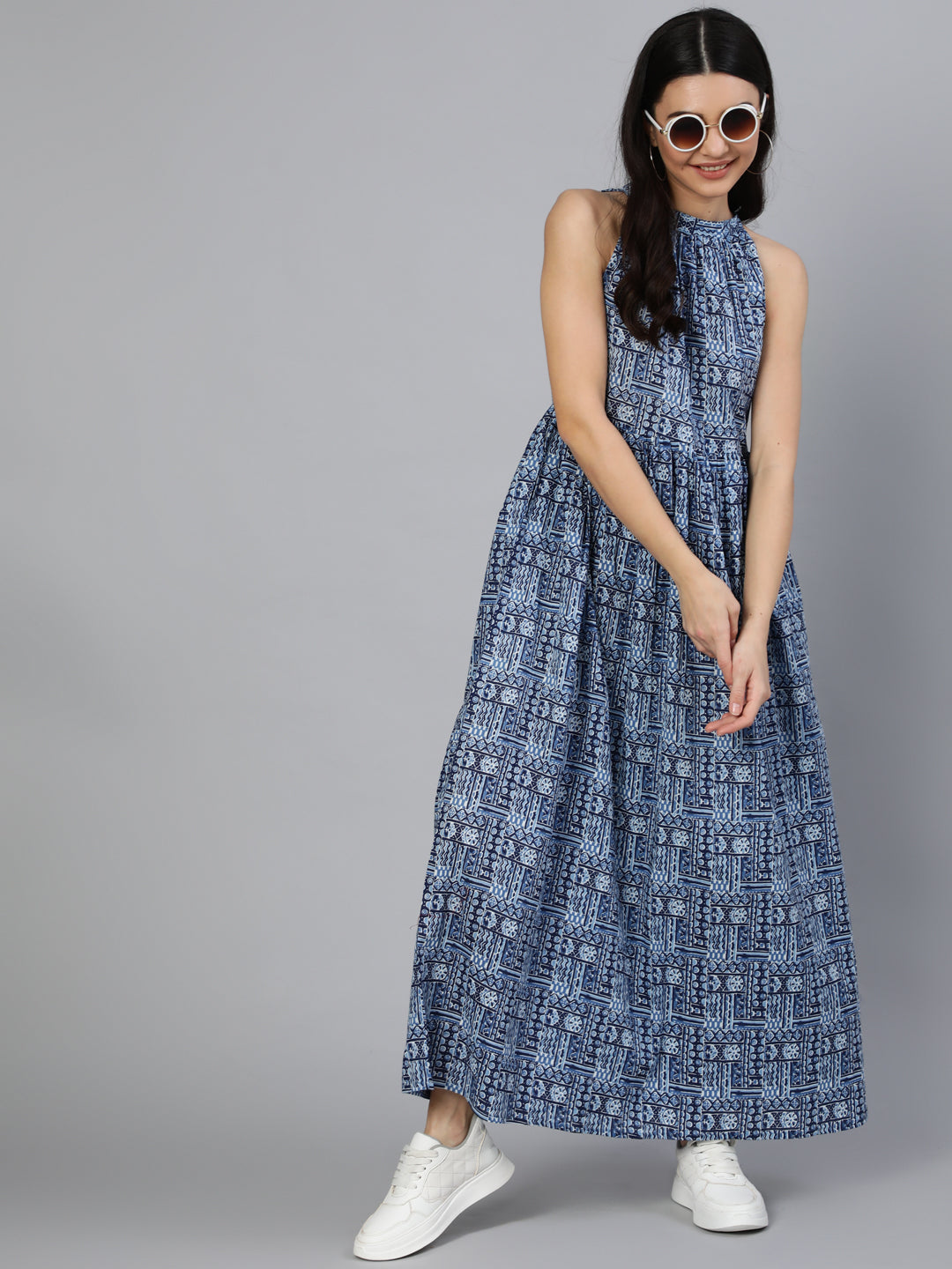 Women Blue Geometric Printed Helter Neck Dress | LASVINI - Redefining Indian Fashion with Elegance