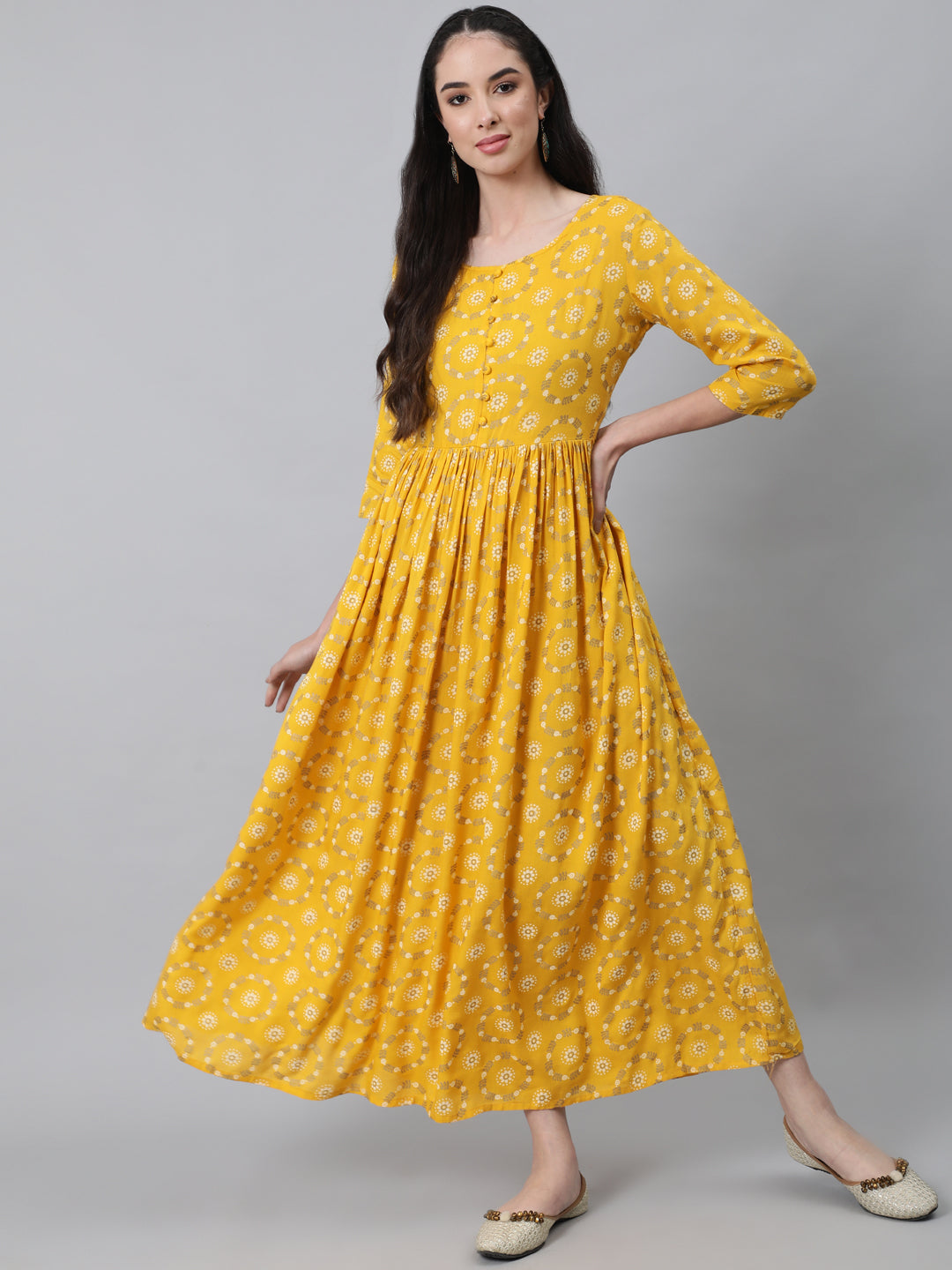 Women Yellow Ethnic Printed Flared Dress With Three Quarter Sleeves | LASVINI - Redefining Indian Fashion with Elegance