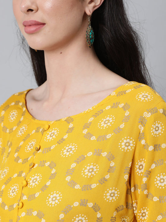Women Yellow Ethnic Printed Flared Dress With Three Quarter Sleeves | LASVINI - Redefining Indian Fashion with Elegance