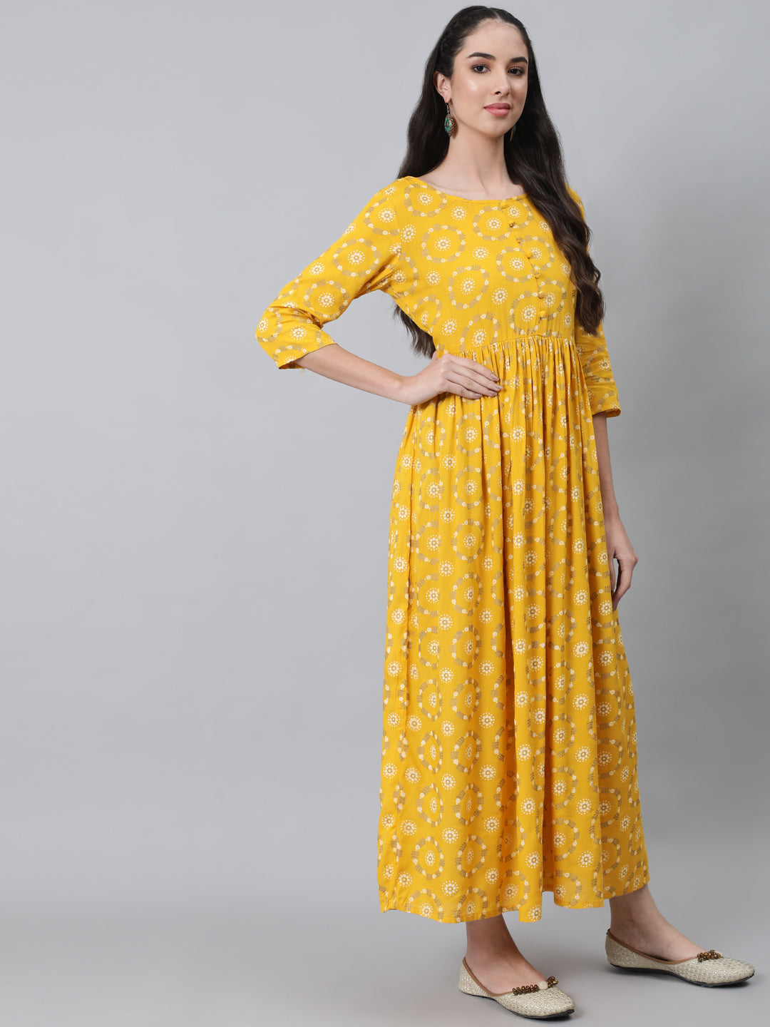 Women Yellow Ethnic Printed Flared Dress With Three Quarter Sleeves | LASVINI - Redefining Indian Fashion with Elegance