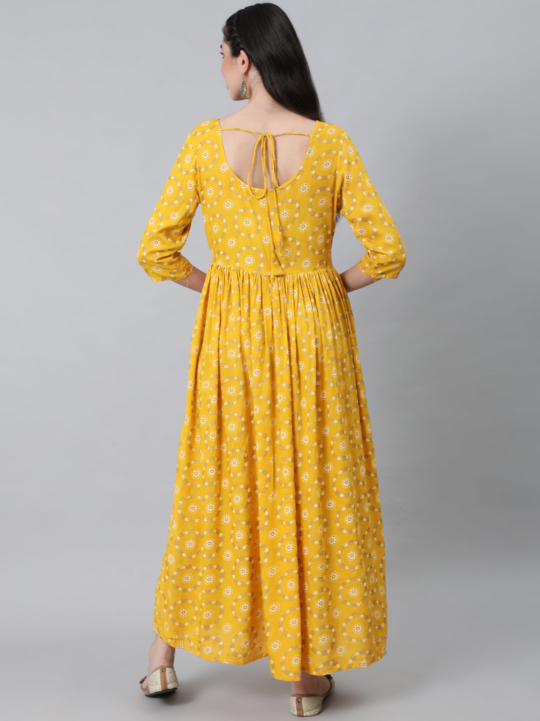 Women Yellow Ethnic Printed Flared Dress With Three Quarter Sleeves | LASVINI - Redefining Indian Fashion with Elegance