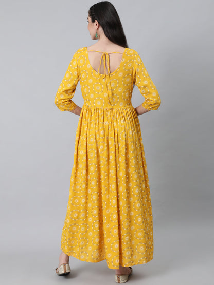 Women Yellow Ethnic Printed Flared Dress With Three Quarter Sleeves | LASVINI - Redefining Indian Fashion with Elegance