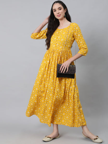 Women Yellow Ethnic Printed Flared Dress With Three Quarter Sleeves | LASVINI - Redefining Indian Fashion with Elegance