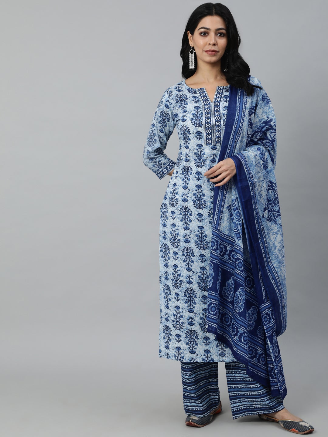 Women Blue Ethnic Motifs Printed Pleated Pure Cotton Kurta With Palazzos & Dupatta | LASVINI - Redefining Indian Fashion with Elegance
