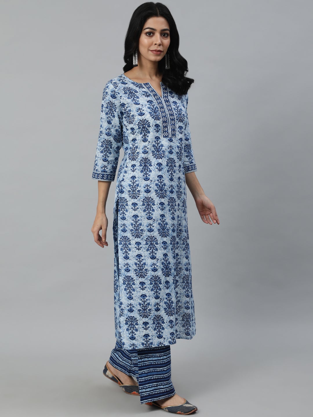 Women Blue Ethnic Motifs Printed Pleated Pure Cotton Kurta With Palazzos & Dupatta | LASVINI - Redefining Indian Fashion with Elegance
