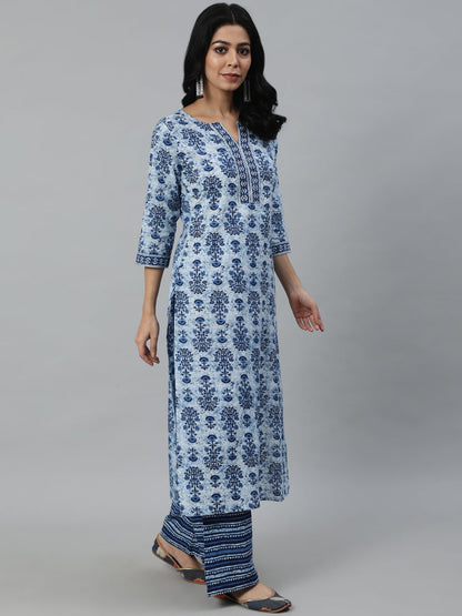 Women Blue Ethnic Motifs Printed Pleated Pure Cotton Kurta With Palazzos & Dupatta | LASVINI - Redefining Indian Fashion with Elegance