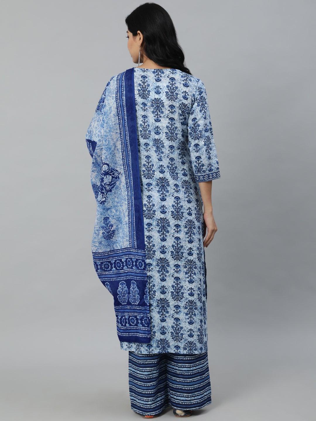 Women Blue Ethnic Motifs Printed Pleated Pure Cotton Kurta With Palazzos & Dupatta | LASVINI - Redefining Indian Fashion with Elegance