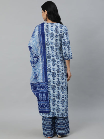 Women Blue Ethnic Motifs Printed Pleated Pure Cotton Kurta With Palazzos & Dupatta | LASVINI - Redefining Indian Fashion with Elegance