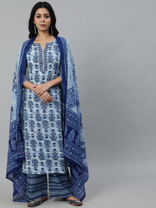 Women Blue Ethnic Motifs Printed Pleated Pure Cotton Kurta With Palazzos & Dupatta | LASVINI - Redefining Indian Fashion with Elegance