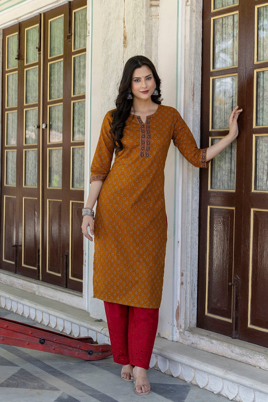 Women Mustrad Ethnic Printed Straight Kurta With Three Quarter Sleeves | LASVINI - Redefining Indian Fashion with Elegance