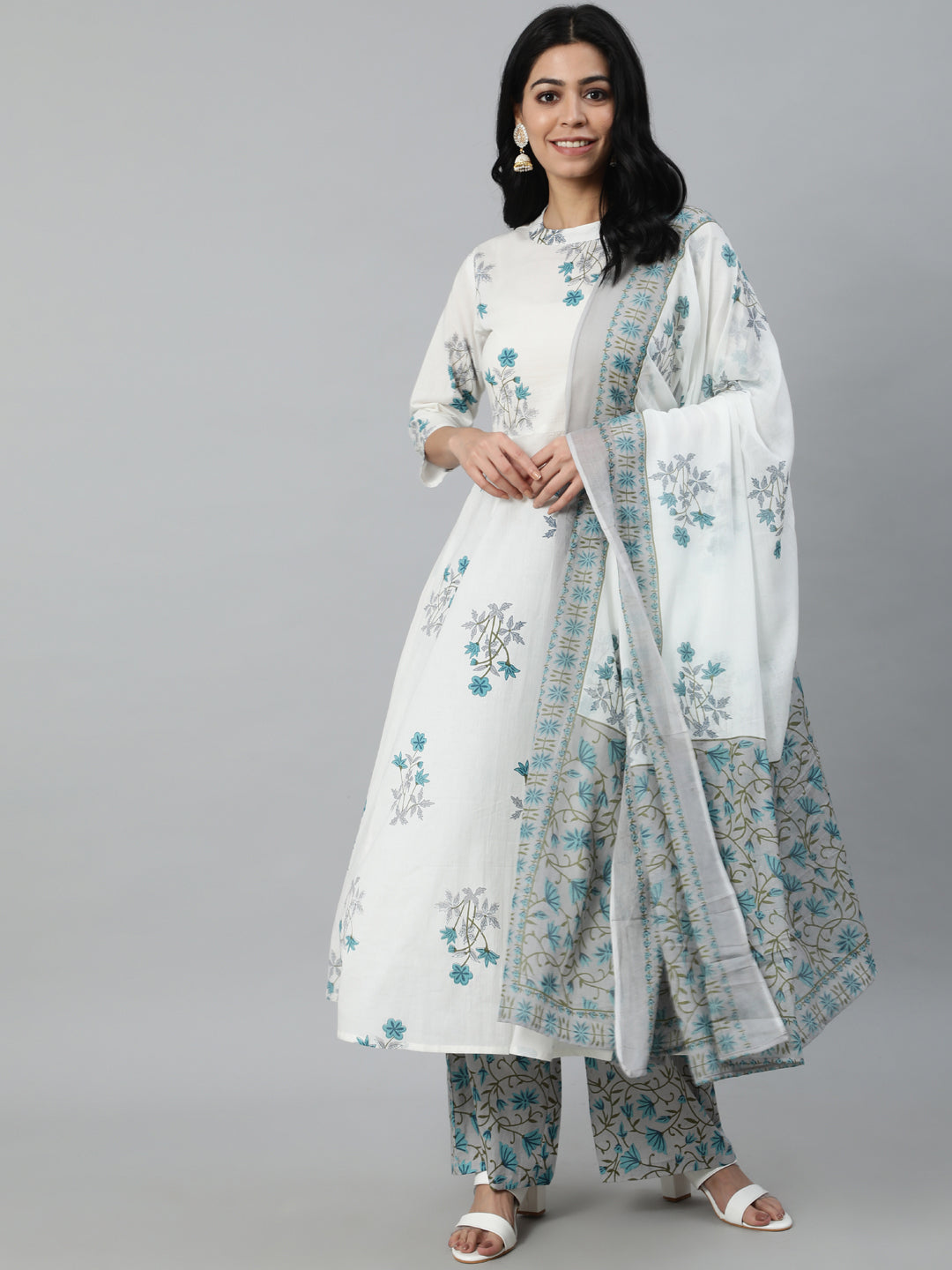 Women Off-White Printed Flared Kurta With Trouser & Dupatta | LASVINI - Redefining Indian Fashion with Elegance
